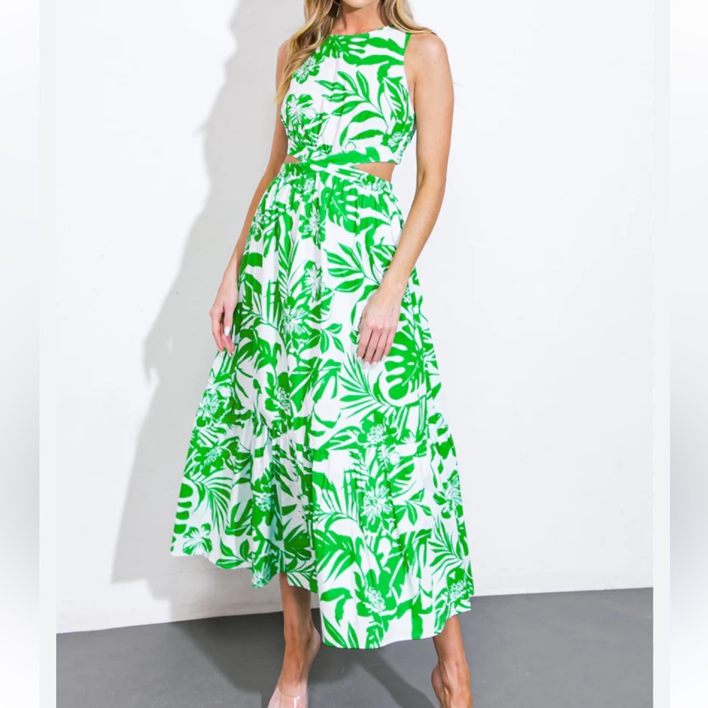 Vici Green and White Leaf Print Midi Skirt